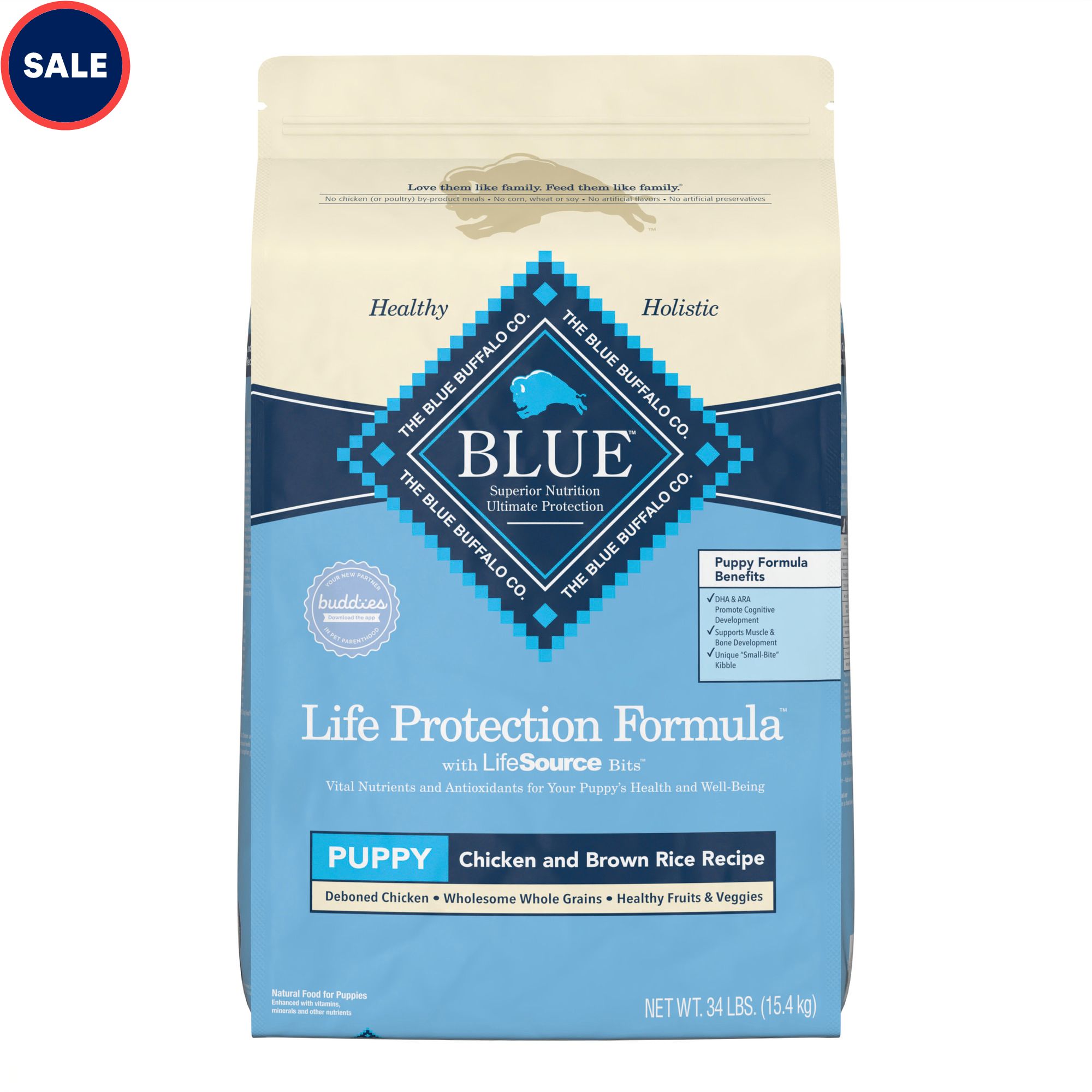 Blue Buffalo Blue Life Protection Formula Natural Puppy Chicken and Brown Rice Dry Dog Food. 34 lbs.