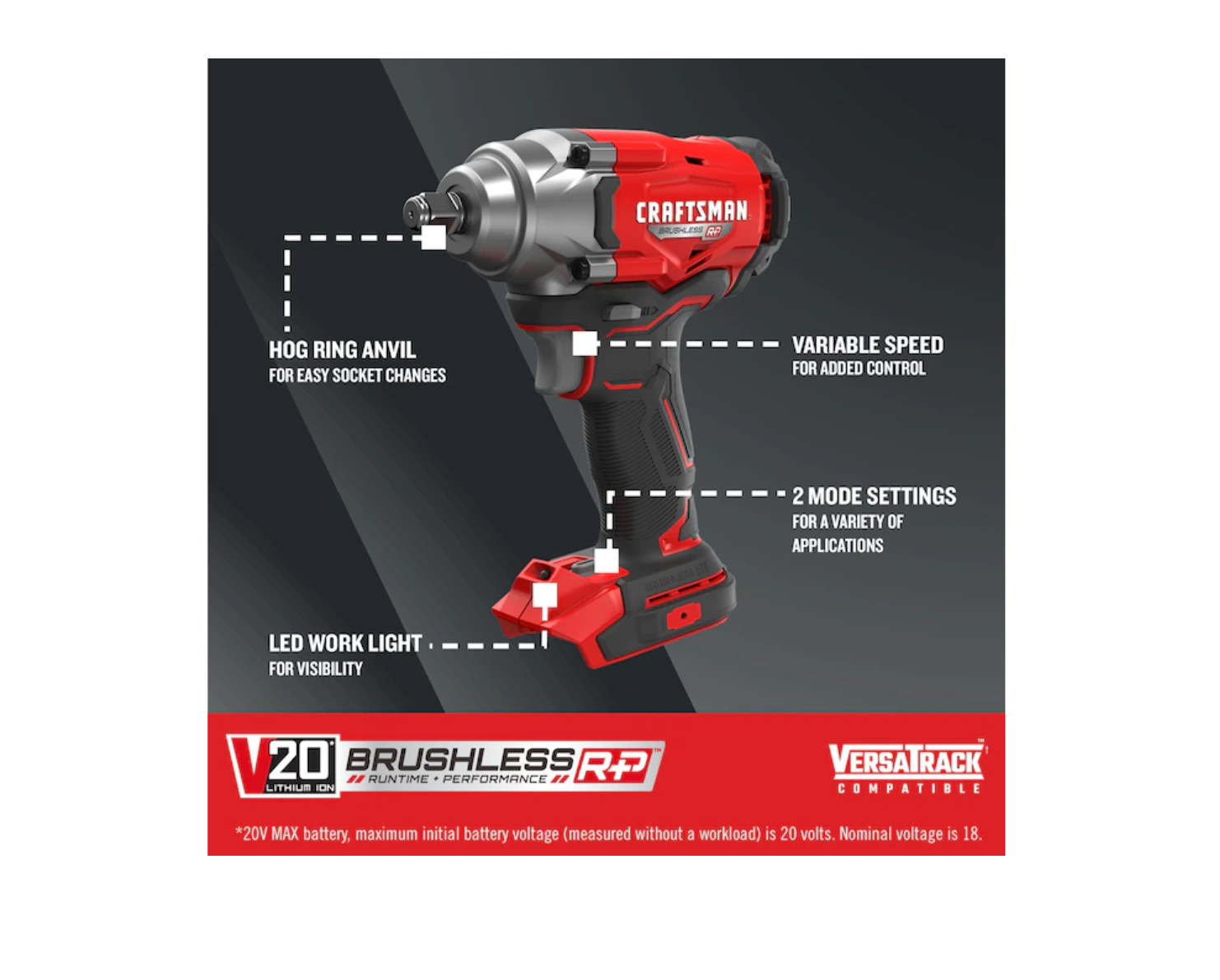 CRAFTSMAN CMCF921B V20 RP 20-volt Max Variable Speed Brushless 1/2-in Drive Cordless Impact Wrench