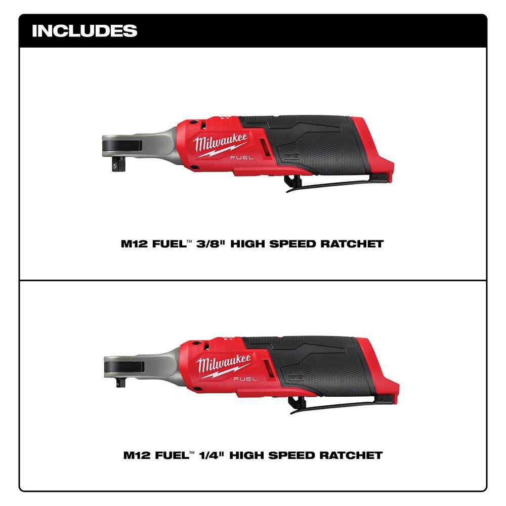 Milwaukee 2567-20-2566-20 M12 FUEL 12V Lithium-Ion Brushless Cordless High Speed 3/8 in. Ratchet with Brushless High Speed 1/4 in. Ratchet