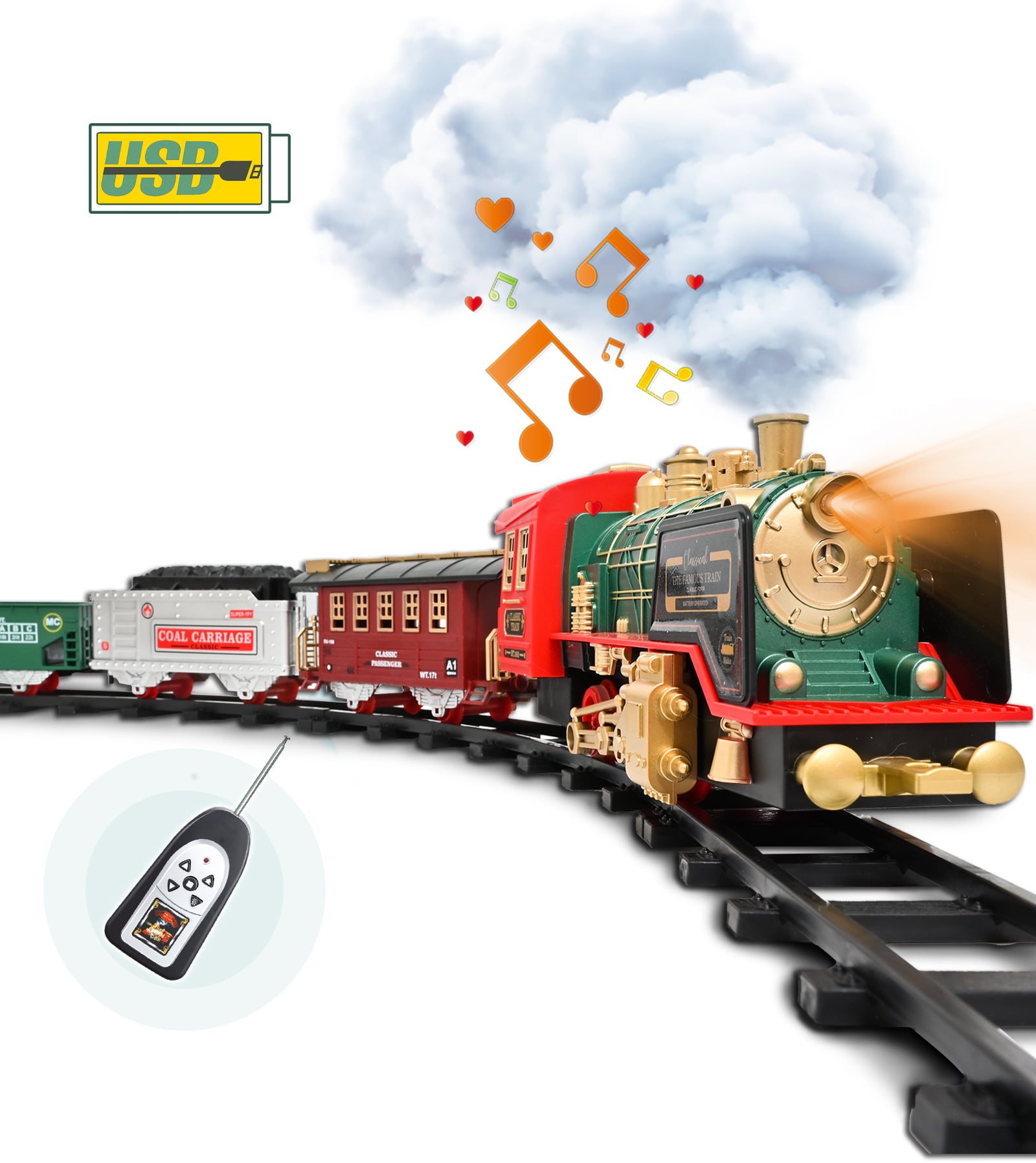 FANL Train Set Toy. RC Train Set W/ Smoke. Lights. Sounds Railway . Rechargeable Electric Train Toy Birthday Gift Toys for Age 3 4 5 6 + Kids