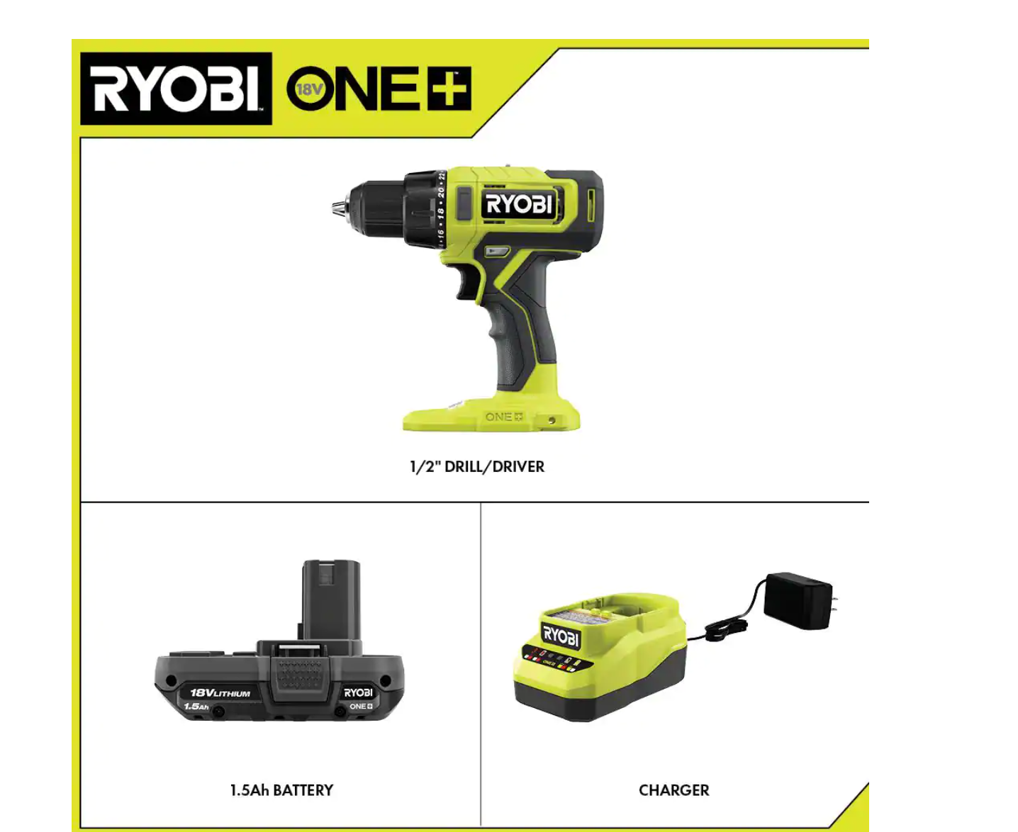 RYOBI PCL206K1 ONE+ 18V Cordless 1/2 in. Drill/Driver Kit with (1) 1.5 Ah Battery and Charger