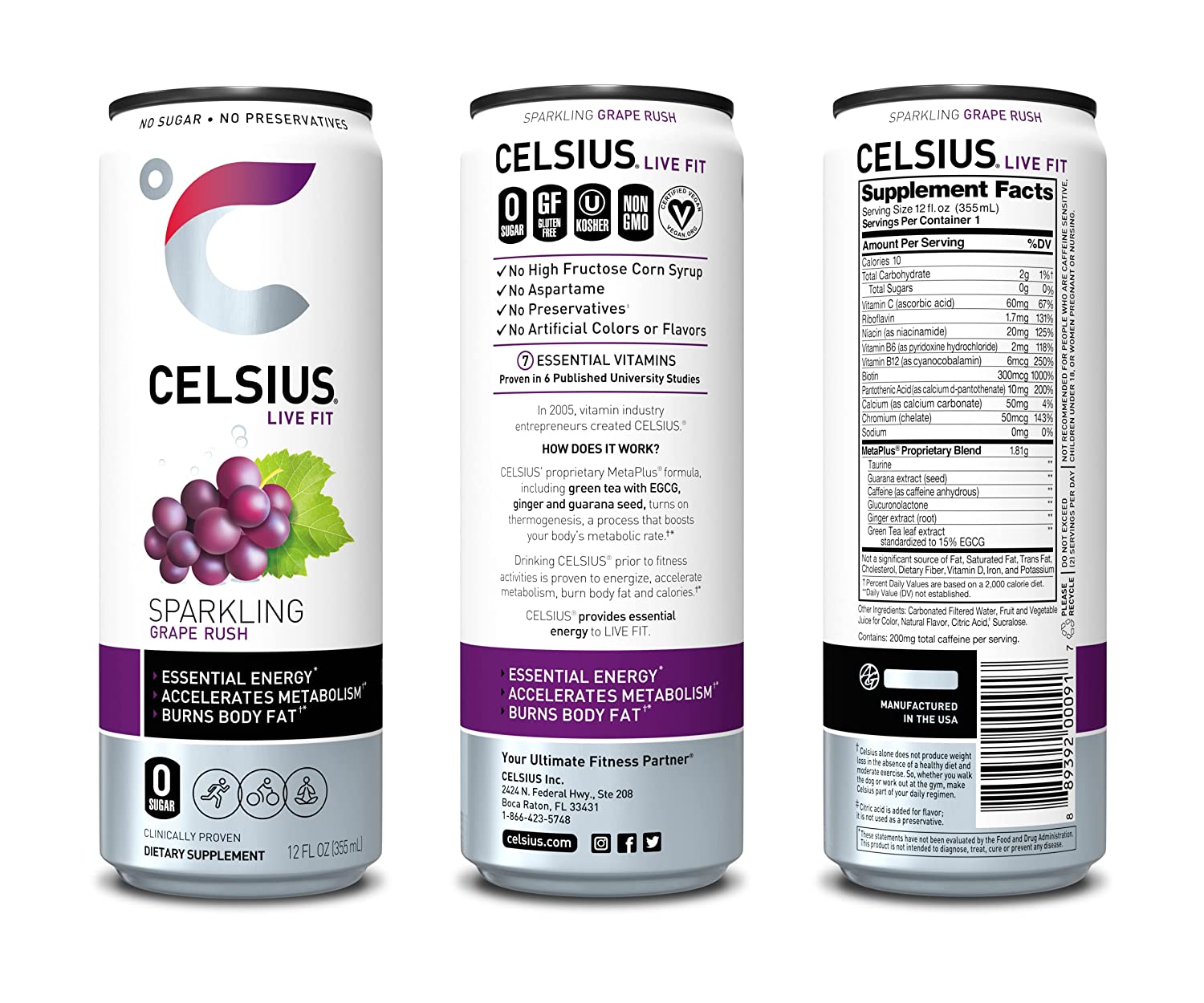 CELSIUS Essential Energy Drink 12 Fl Oz. Sparkling Grape Rush (Pack of 12)