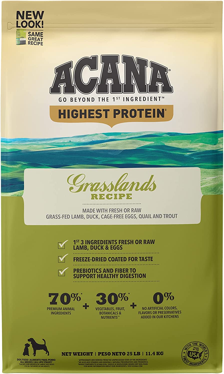 ACANA Highest Protein. Grasslands. Grain Free Dry Dog Food. 25lb
