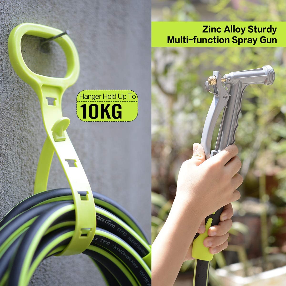 Grace Green Garden Hose.Hybrid 5/8 in.×100FT Water Hose With Zinc Alloy Nozzle. Both End Swivel. Heavy Duty. Light Weight. Flexible