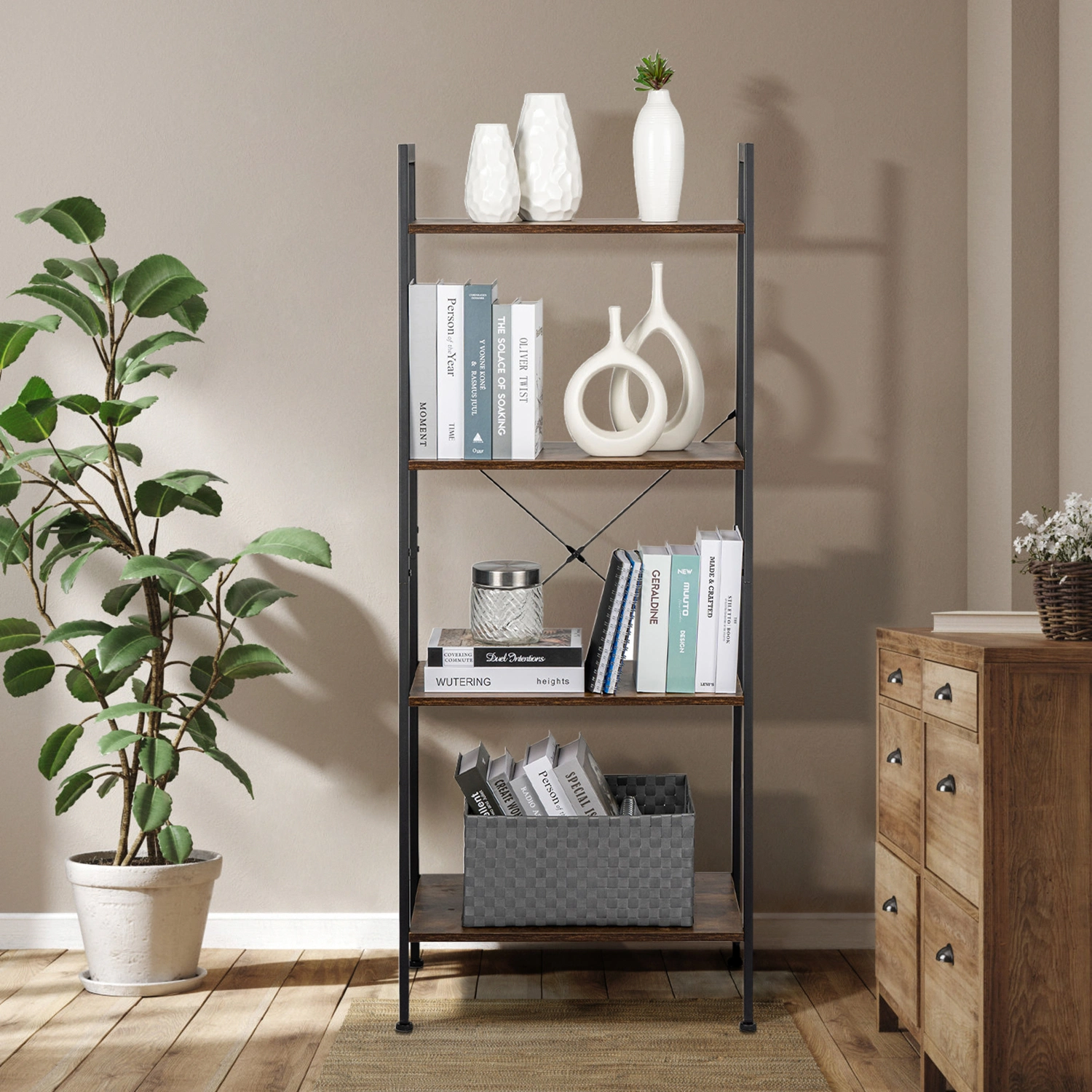 DISCOUNTTODAY Ladder Shelf. 4 Tier Industrial Leaning Bookshelf. Metal Bookshelves Standing for Room. Office. Living Room. Bedroom. Farmhouse Rustic Tall Bookcase Organizer. Vintage Brown