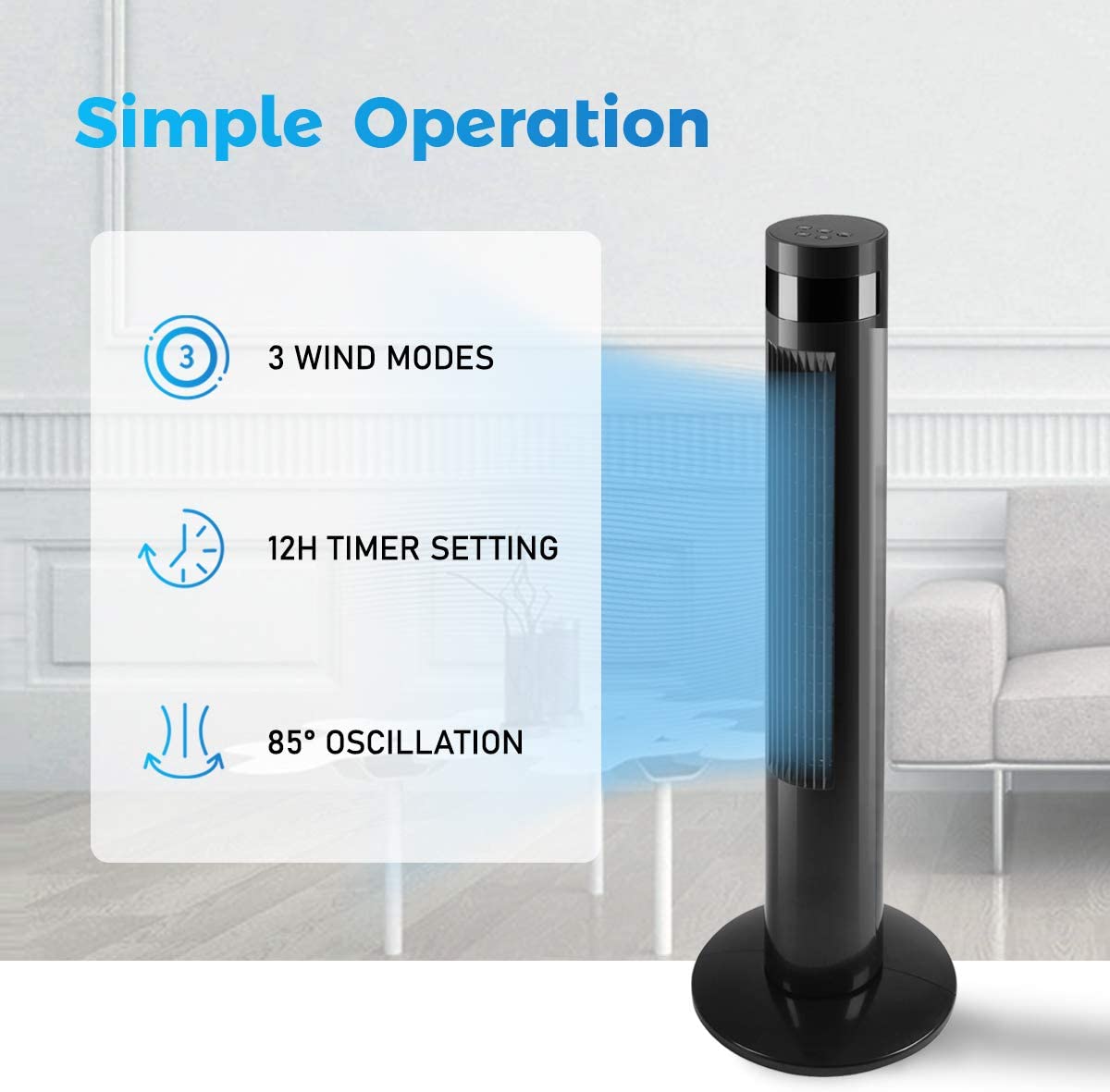 R.W.FLAME Tower Fan. Oscillation fan with Remote Control. Standing fan for office. 3 Wind Modes.Time Settings. Portable Bladeless Floor Fans for Home with Children/Pets/Elders(43″. Black)