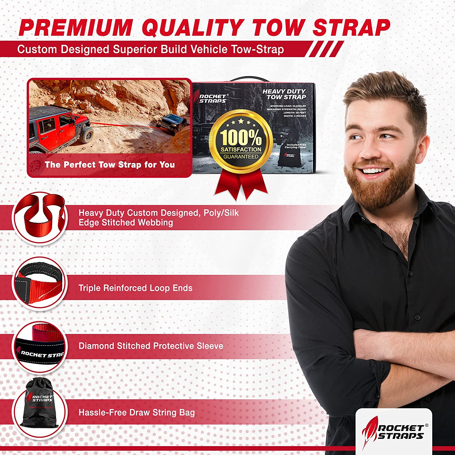 Rocket Straps Tow Strap - 3′ x 30′ Heavy Duty Tow Strap | 30.000 Pound Rated Capacity Recovery Strap | Vehicle Tow Straps with Protected Loop Ends | Emergency Off-Road Tow Rope | storage bag