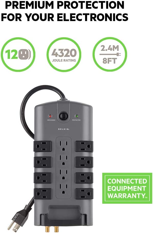 Belkin Surge Power Strip Protector - 8 Rotating & 4 Stationary AC Multiple Outlets - 8 ft Long Heavy Duty Extension Cord Flat Pivot Plug for Home. Office. Travel. Desktop & Charging Brick. 4320 Joules