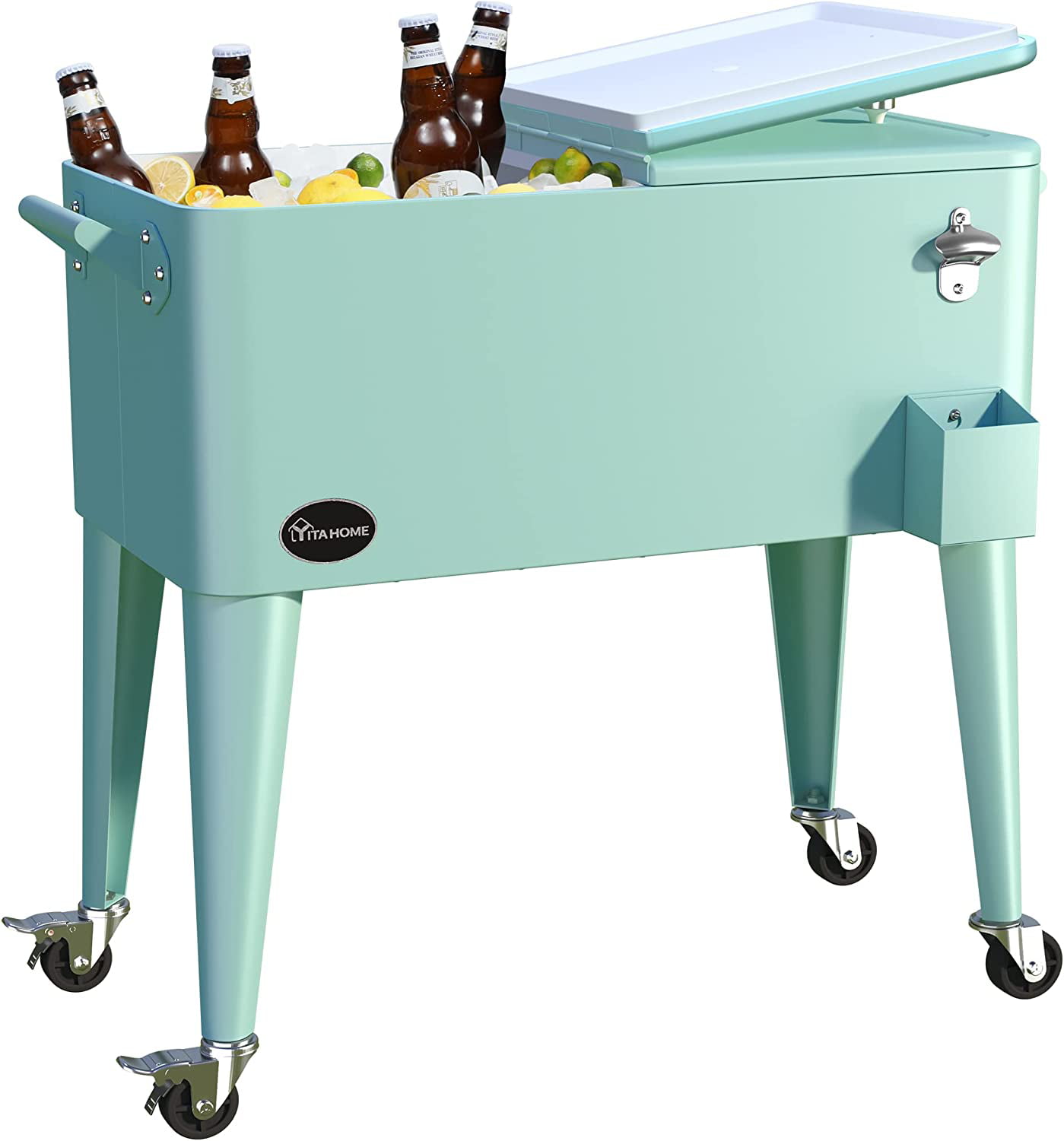 YITAHOME 80 Quart Rolling Cooler Cart with Bottle Opener Drainage. Portable Patio Cooler Rolling on Wheels. Outdoor Rolling Beverage Cart Drink Cooler for Patio Pool Deck Party Cookouts. Light Green