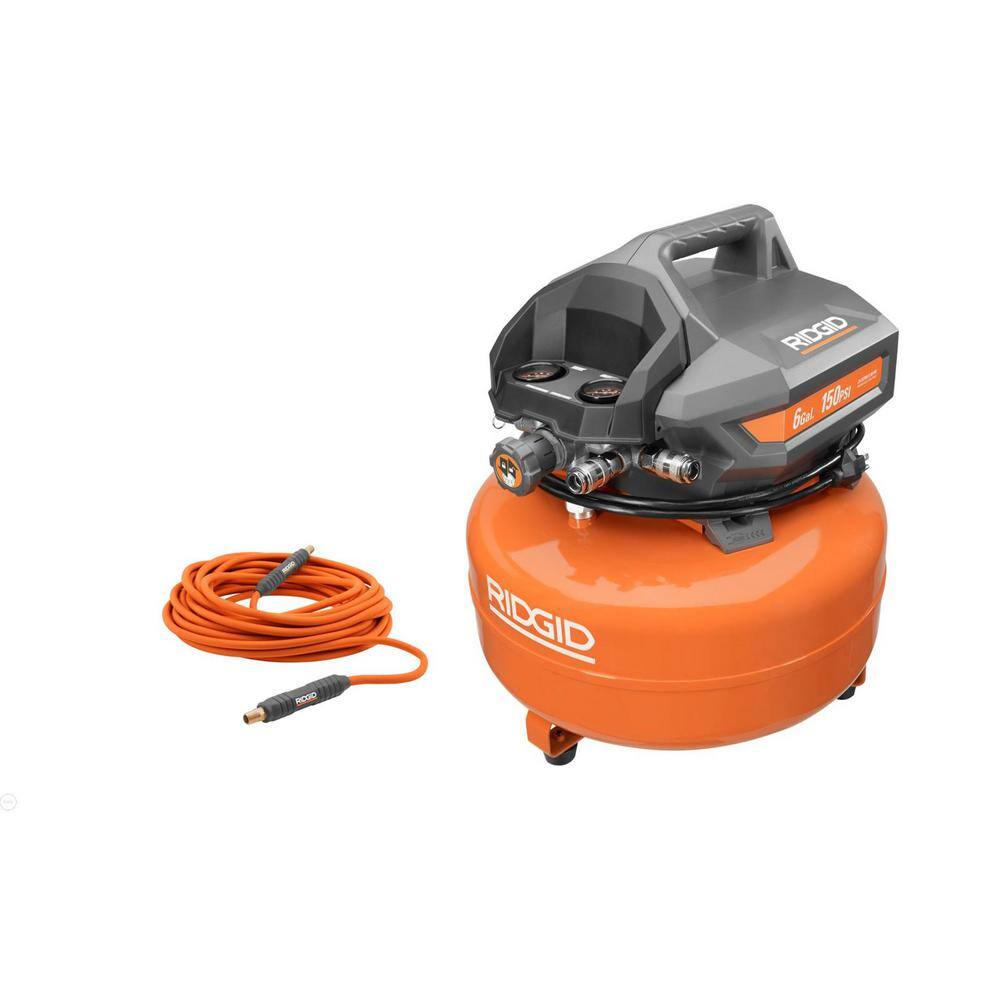 RIDGID OF60150HB-R5025LF 6 Gal. Portable Electric Pancake Air Compressor with 1/4 in. 50 ft. Lay Flat Air Hose