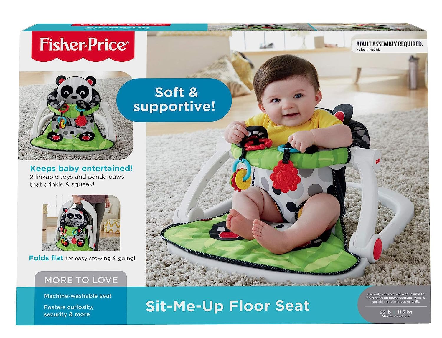 Fisher-Price Portable Baby Chair Sit-Me-Up Floor Seat with Developmental Toys and Crinkle & Squeaker Seat Pad. Panda Paws