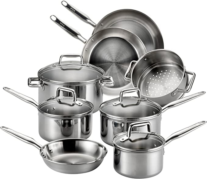 T-fal Stainless Steel Cookware. Multi-Clad. Dishwasher Safe and Oven Safe Cookware Set. Tri-Ply Bonded. 12-Piece. Silver. Model E469SC