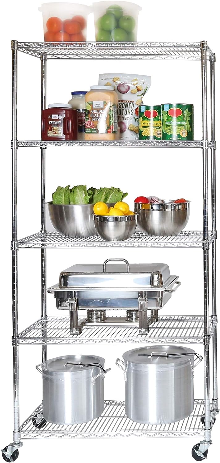 Seville Classics UltraDurable Heavy Duty NSF Solid Steel Wire Rack Storage Unit. Organizer for Garage. Warehouse. Office. Restaurant. Classroom. Kitchen. Steel. 5-Tier Shelving. 36″ W x 18″ D