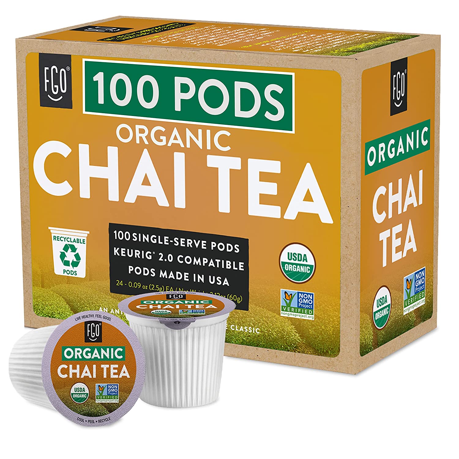 FGO Organic Chai Black Tea K-Cup Pods 100 Pods - Keurig Compatible - Naturally Occurring Caffeine. Premium Black Tea is USDA Organic. Non-GMO. & Recyclable