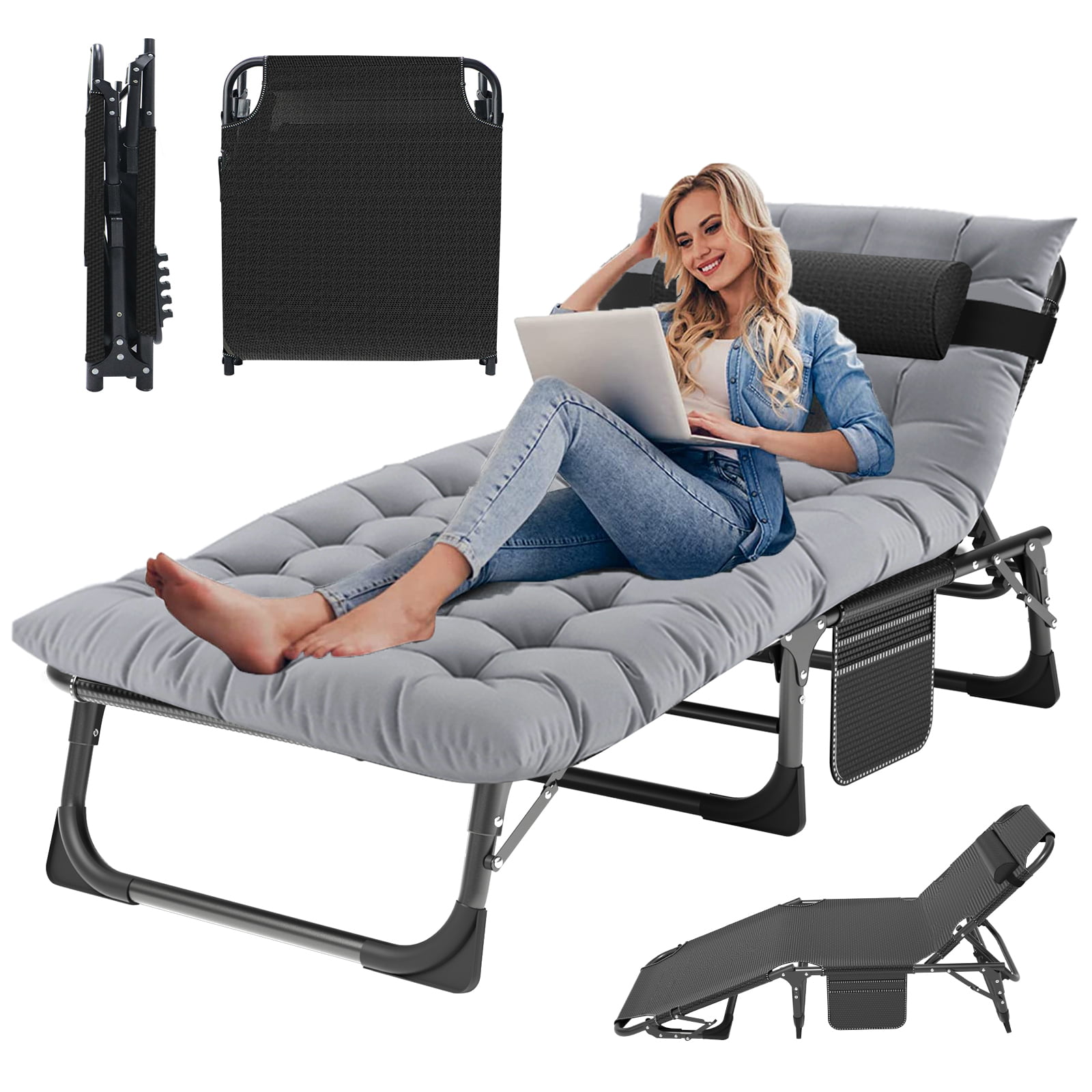 Docred 4-Fold Camping Cots for Adults & Kids. Adjustable 4-Position Folding Bed with 2-Sided Mattress & Pillow. Folding Sleeping Cot