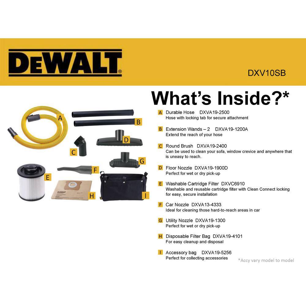 DEWALT DXV10SB 10 Gal. Stainless Steel Wet/Dry Vacuum with Hose Accessories and Accessory Bag