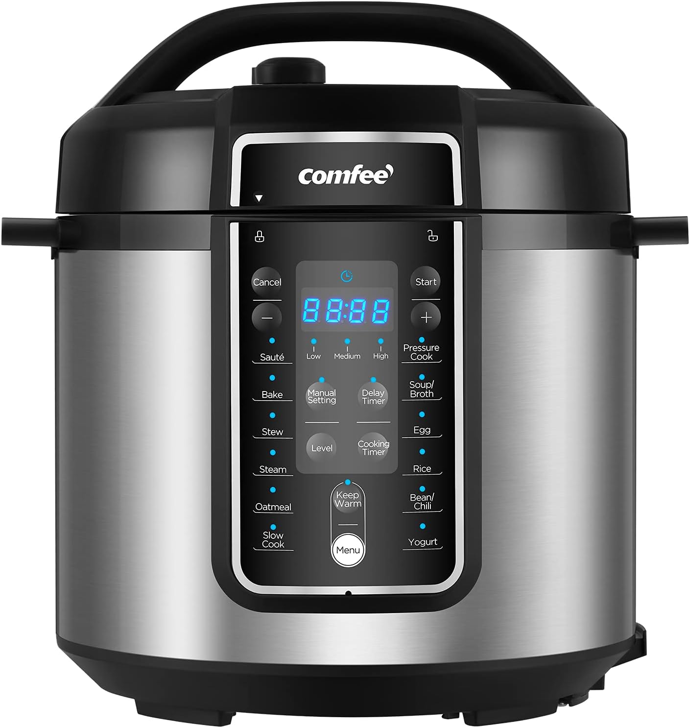 COMFEE' Pressure Cooker 6 Quart with 12 Presets. Multi-Functional Programmable Slow Cooker. Rice Cooker. Steamer. Sauté pan. Egg Cooker. Warmer and More