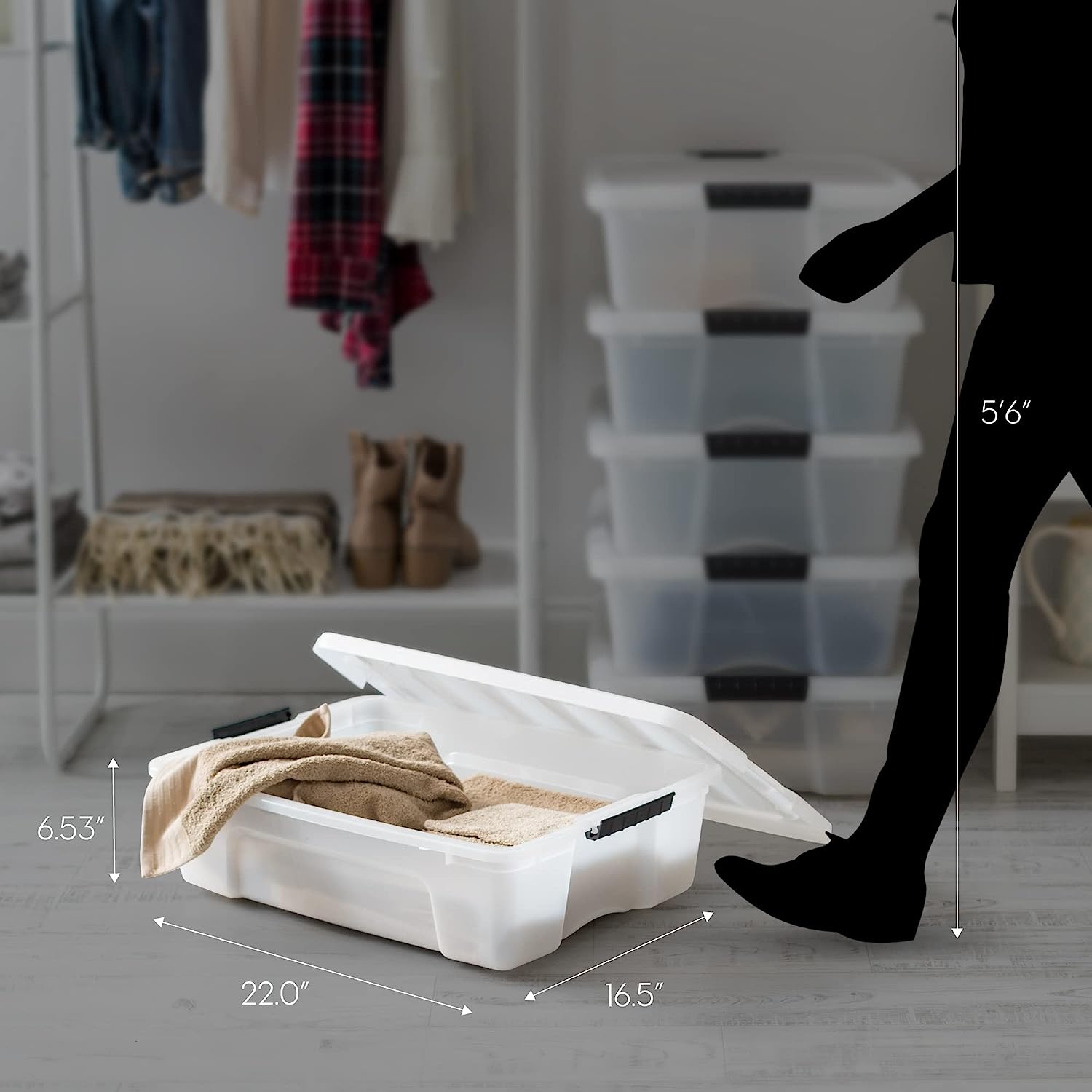 IRIS USA 26.95 Qt. Plastic Storage Container Bin with Secure Lid and Latching Buckles. 6 pack - Pearl. Durable Stackable Nestable Organizing Tote Tub Box Toy General Organization Medium