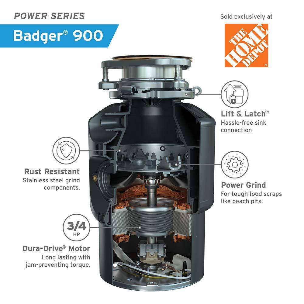 InSinkErator BADGER 900L&L W/CRD-00 Badger 900 Lift & Latch Power Series 3/4 HP Continuous Feed Garbage Disposal with Power Cord Kit