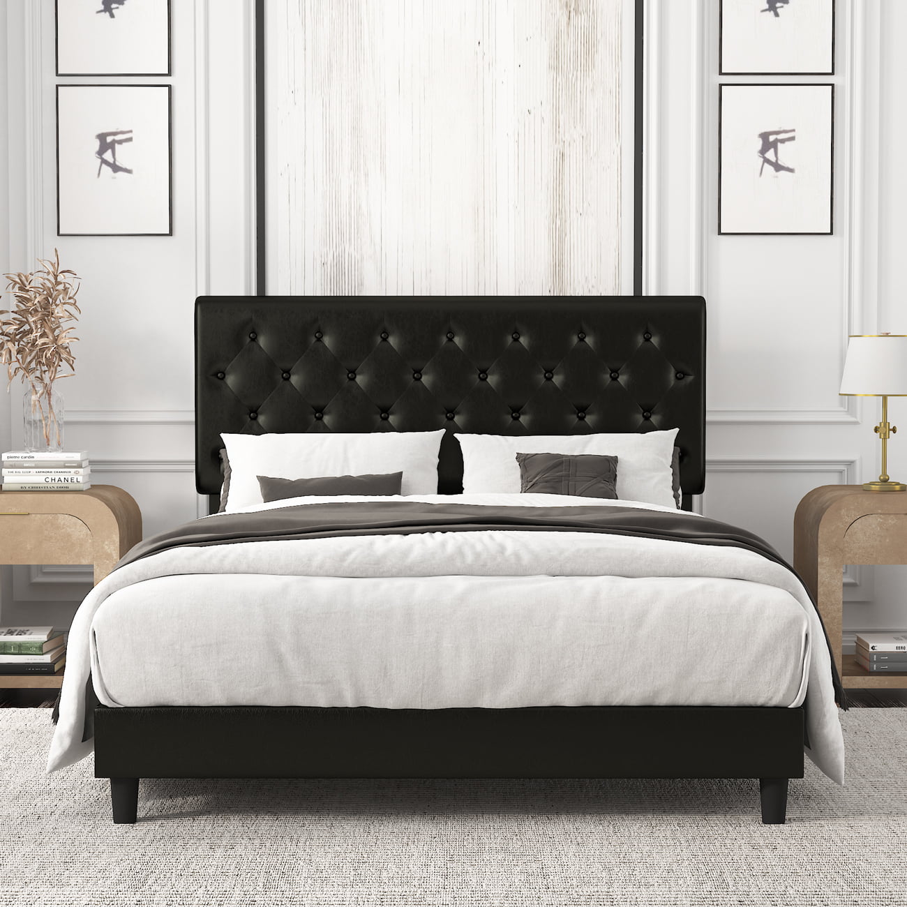 Amolife Queen Bed Frame with Adjustable Headboard. Diamond Button Tufted Style. Black