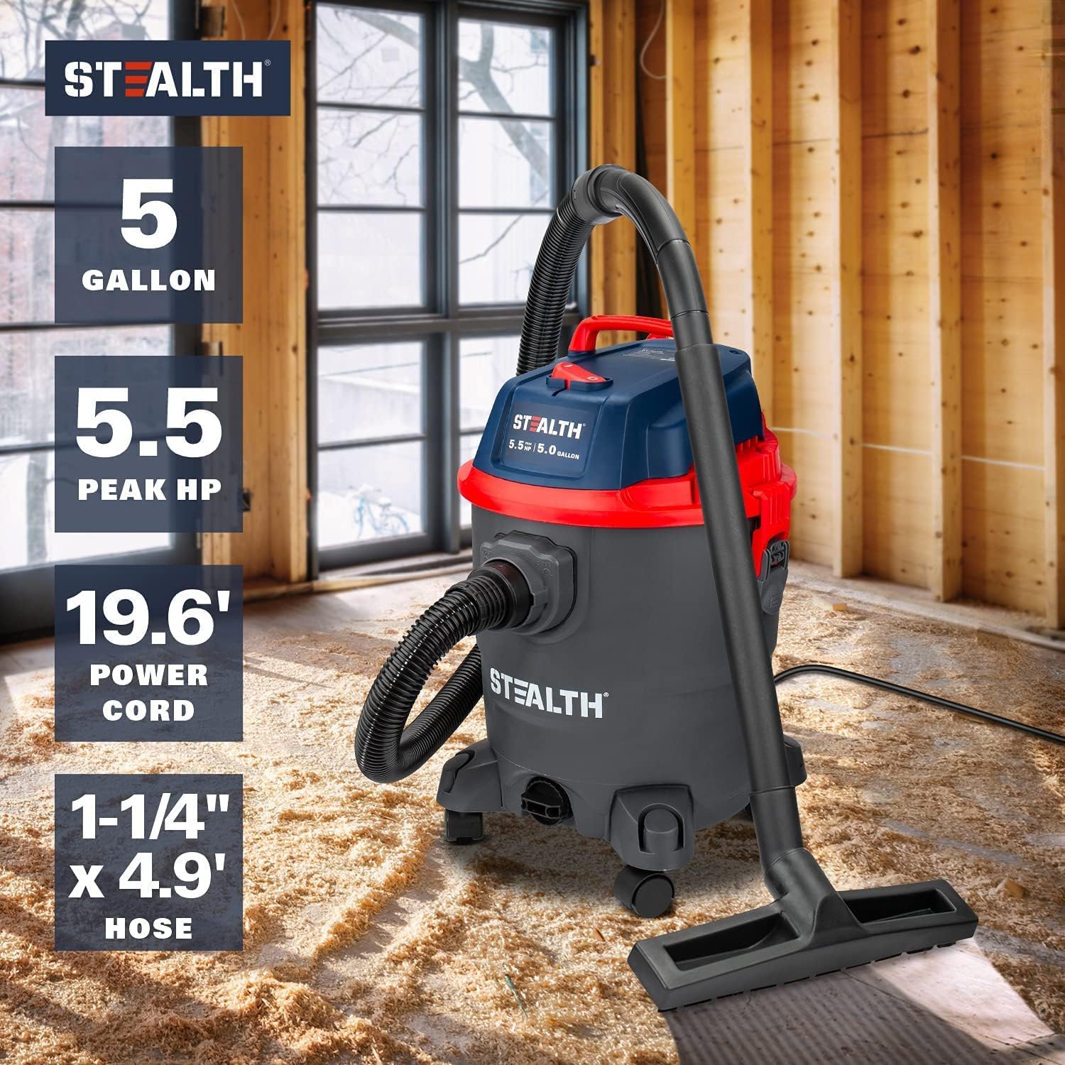 Stealth Wet/Dry Vacuum 5 Gallon. 5.5 Peak HP Shop Vacuum with Blower & Drain Port for Home. Garage. Car. Workshop.ECV05P2