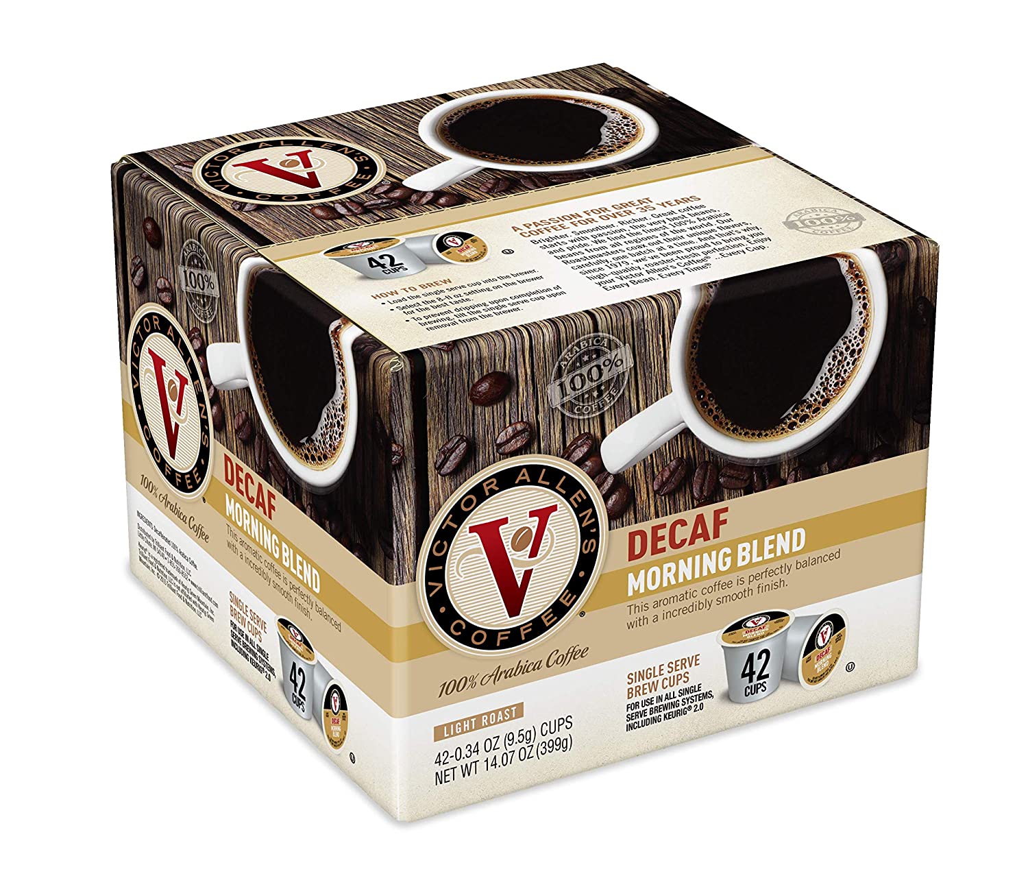 Victor Allen's Decaf Morning Blend for K-Cup® Keurig 2.0® Brewers. 42 Count. Victor Allen's Coffee® Light Roast Single Serve Coffee Pods