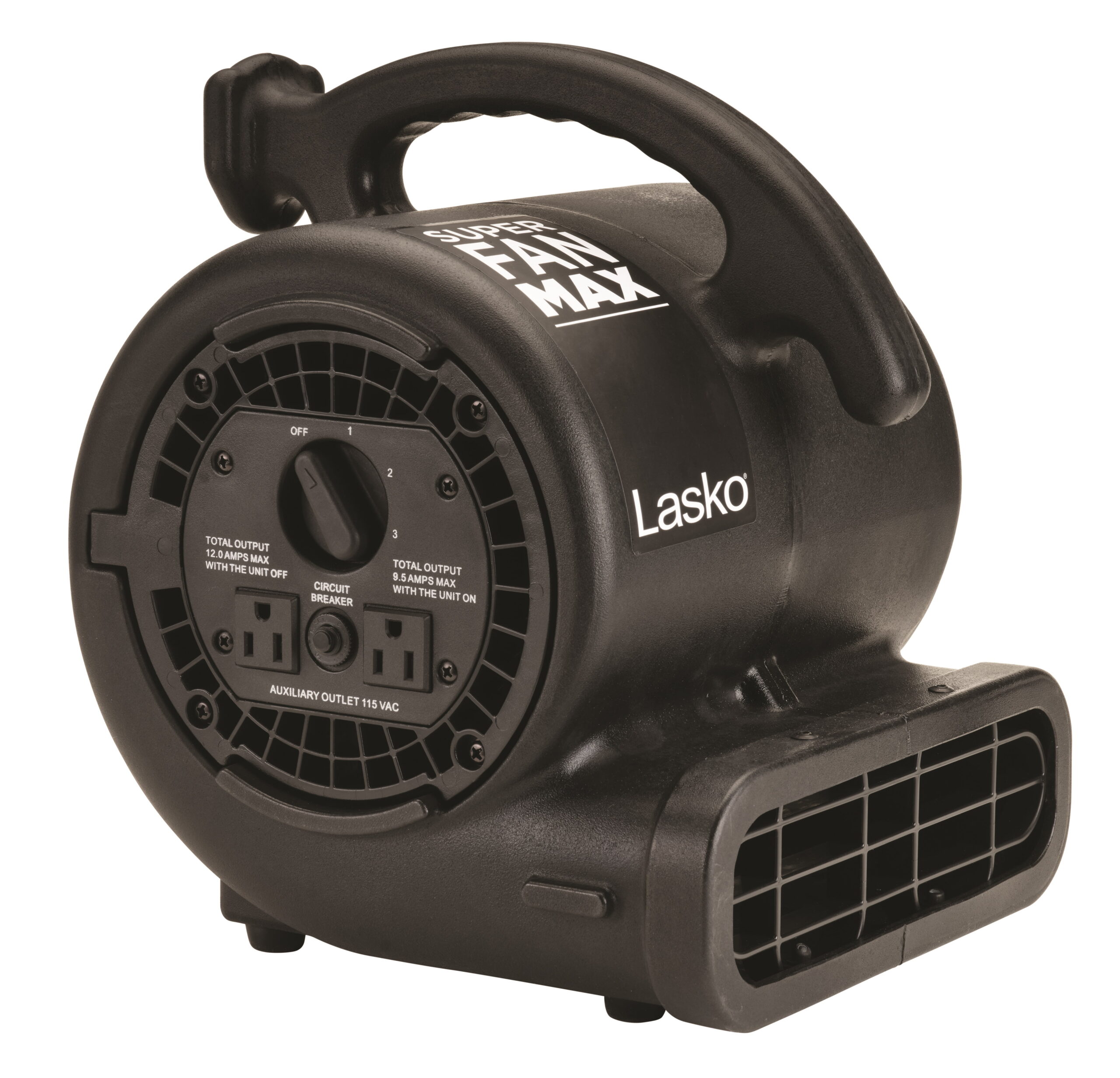 Lasko 3-Speed Super Fan Max Air Mover Floor Fan with Outlets. SF-20-BK. Black