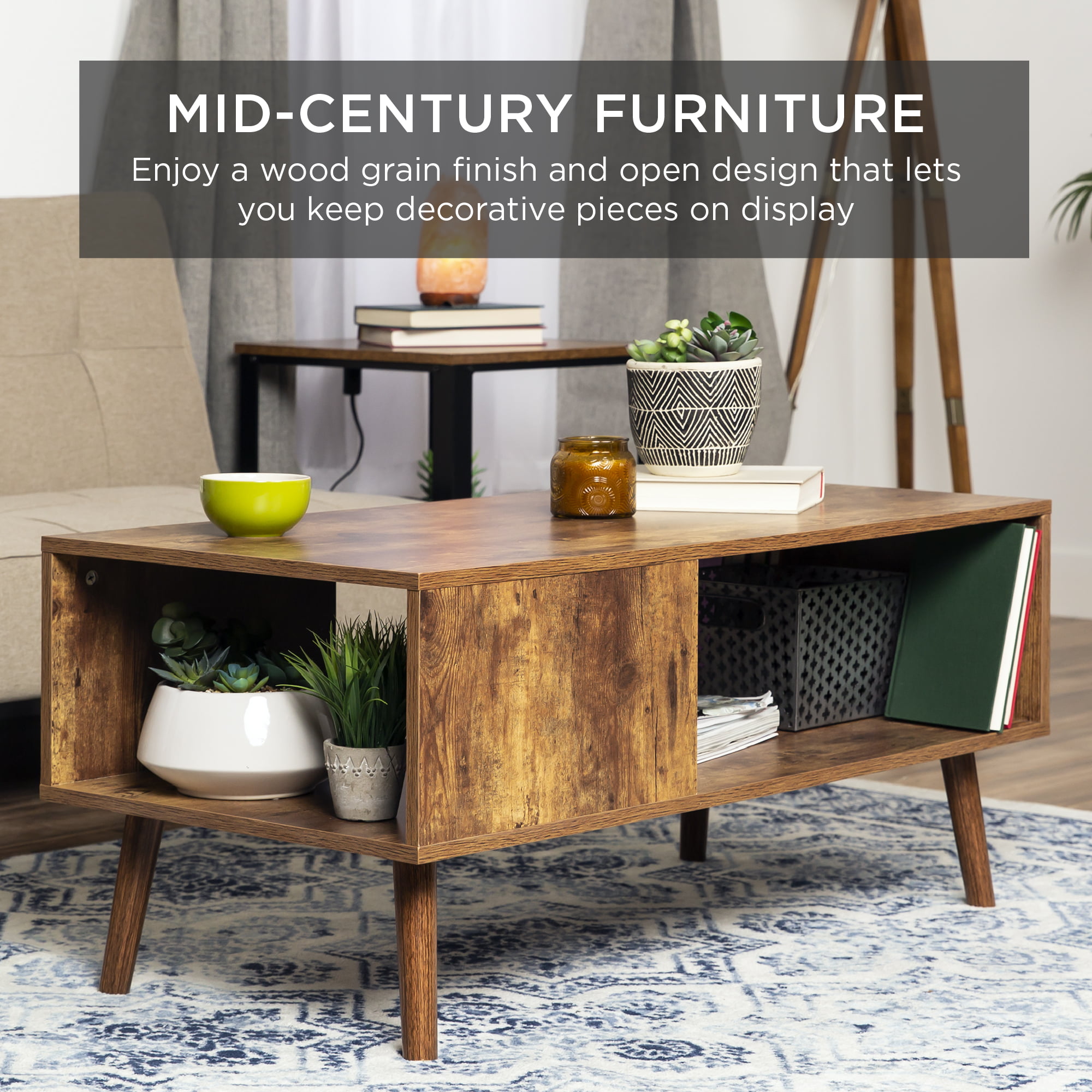 Best Choice Products Wooden Mid-Century Modern Retro Coffee Table. Indoor Furniture w/ Open Storage Shelf. Brown