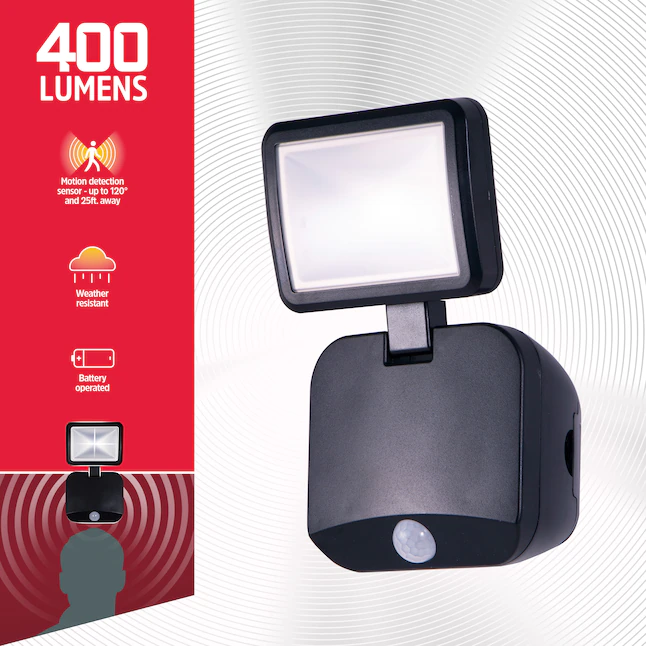 Energizer LED Flood Light Outdoor. Security Light. Single Head. Wireless. Battery Operated. 400 Lumens. Motion Sensor Outdoor Light. Tilts and Swivels. LED Spotlight. Black. 40777