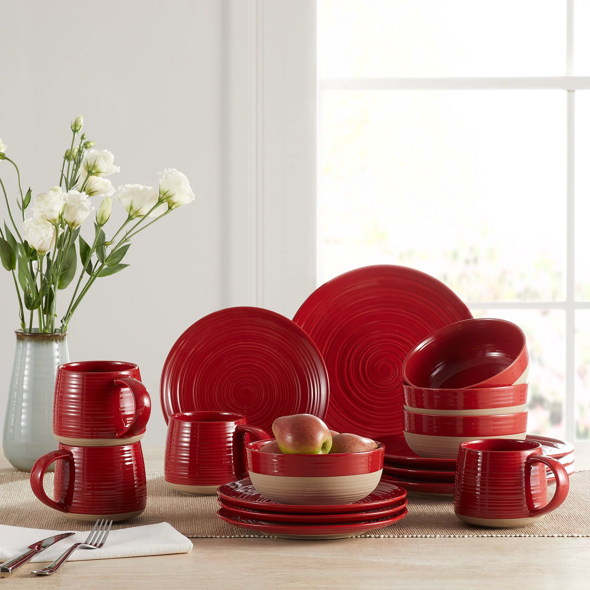 Better Homes & Gardens Artisanal Clay Stoneware 16-Piece Dining Set. Red