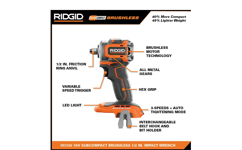 RIDGID R87208K 18V SubCompact Brushless Cordless 1/2 in. Impact Wrench Kit with 2.0 Ah Battery. 18V Charger. and Bag