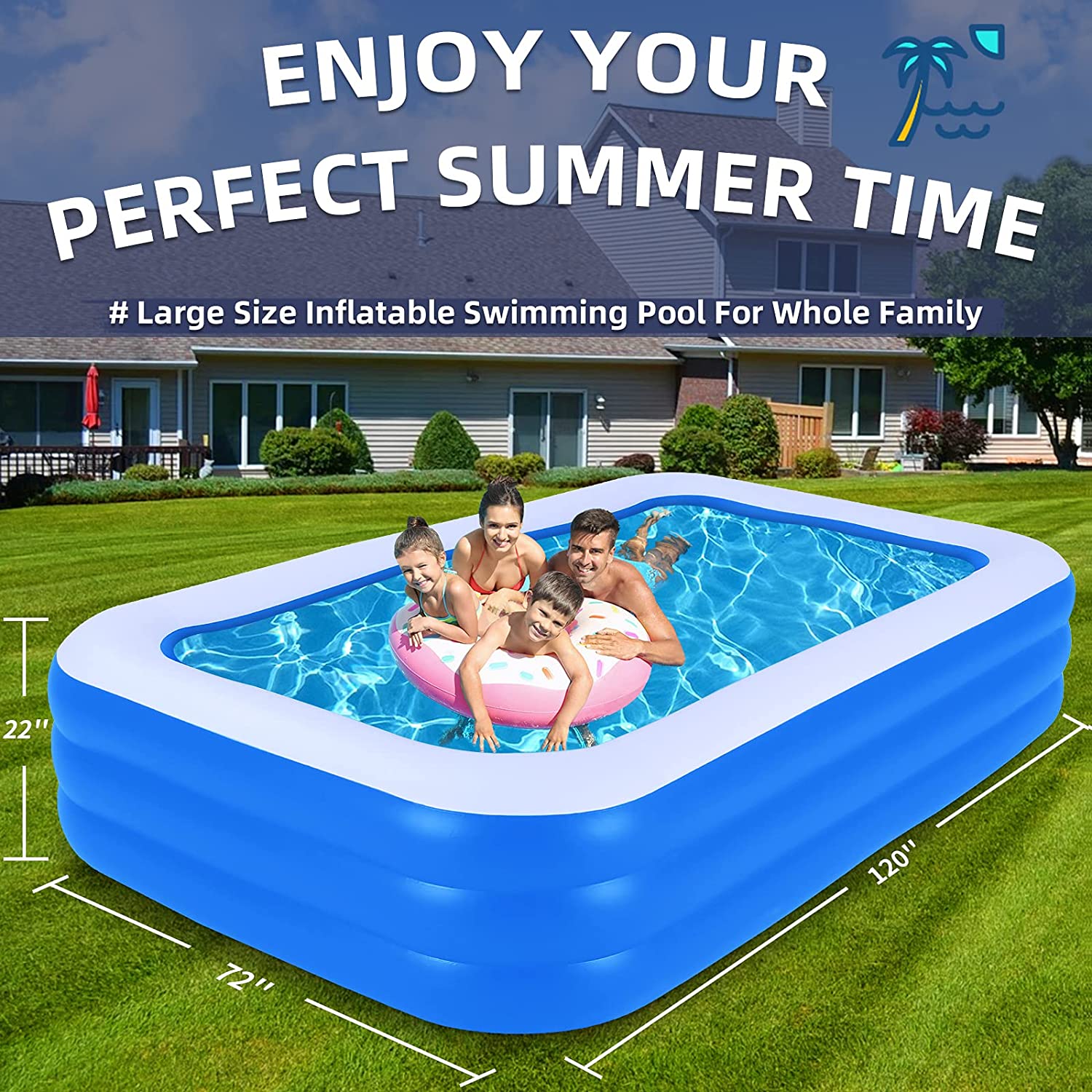 Inflatable Swimming Pool. 120 x 72 x 22 inches Family Full-sized Lounge Pool. Rectangular Blow Up Pool for. Kiddie. Toddlers. Adults