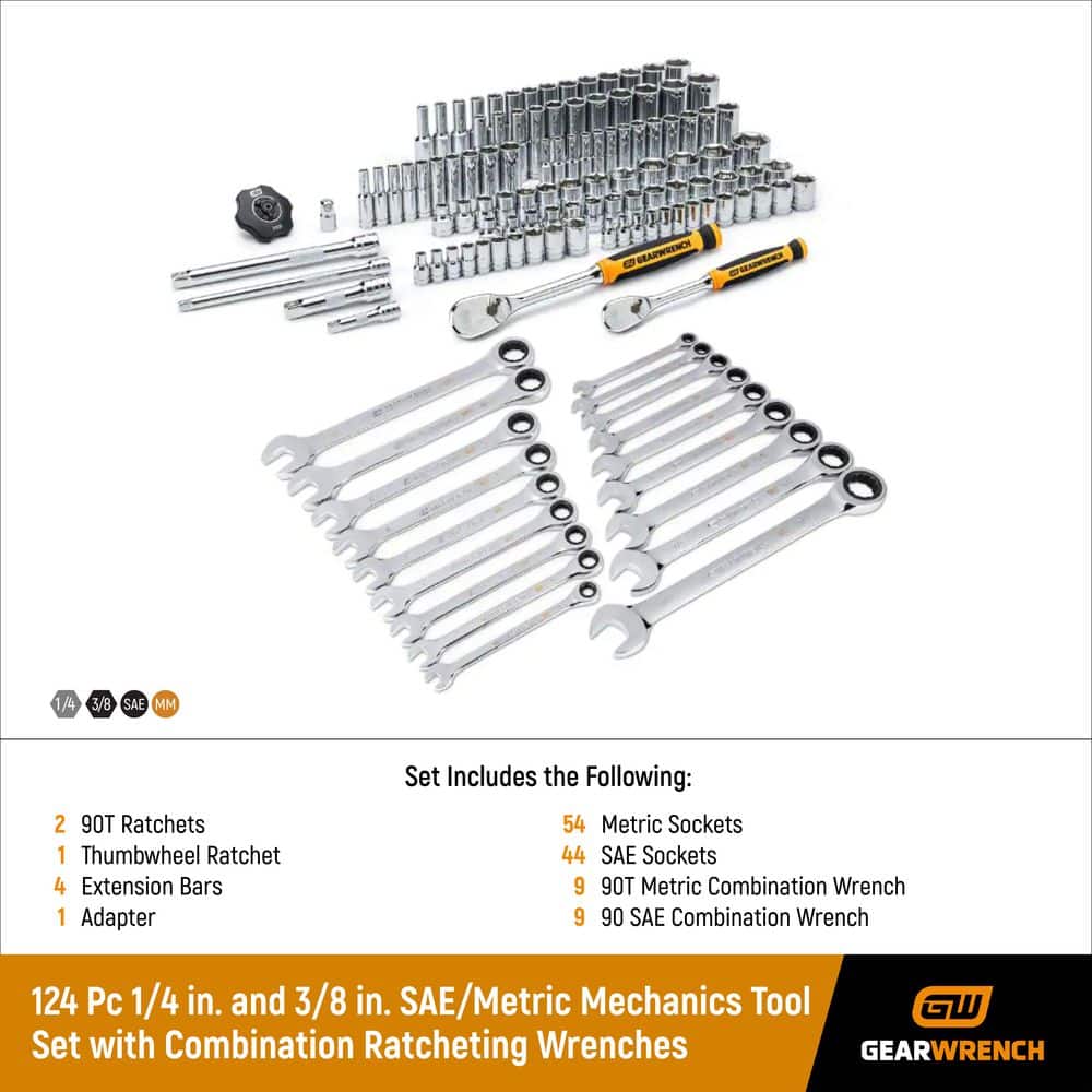 GEARWRENCH 83001698COMBO 1/4 in. and 3/8 in. SAE/Metric Mechanics Tool Set with Combination Ratcheting Wrenches (124-Piece)
