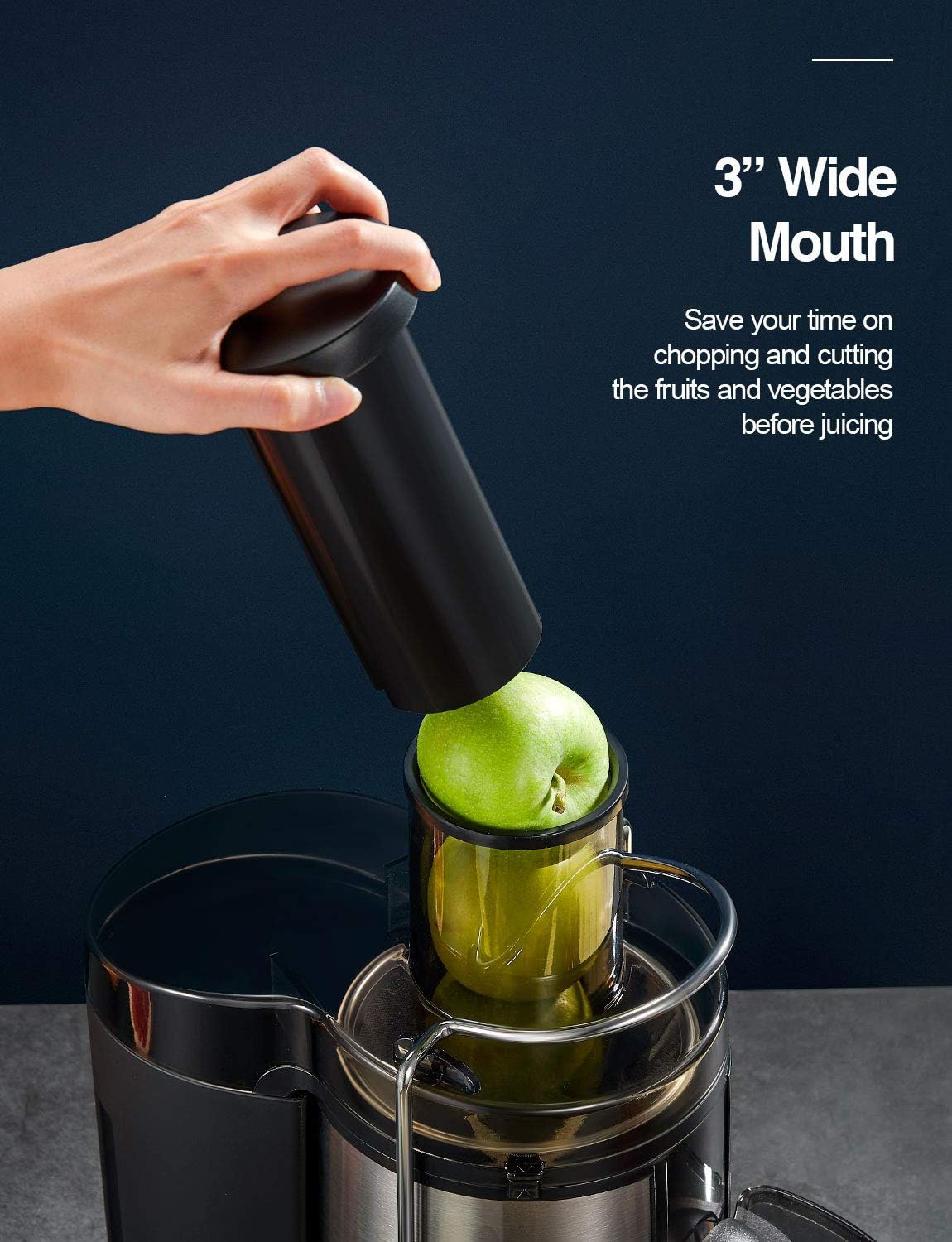 QCen Juicer Machine. 500W Centrifugal Juicer Extractor with Wide Mouth 3 Feed Chute for Fruit Vegetable. Easy to Clean. Stainless Steel. BPA-free. (Black) (Black)