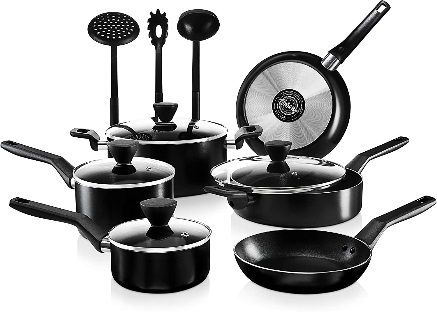 NutriChef 13-Piece Nonstick Cookware PTFE/PFOA/PFOS Free Heat Resistant Kitchen Ware Set w/Saucepan. Frying Pans. Cooking Pots. Casserole. Lids. Ladle. Fork. Strainer NCCWA13. Black
