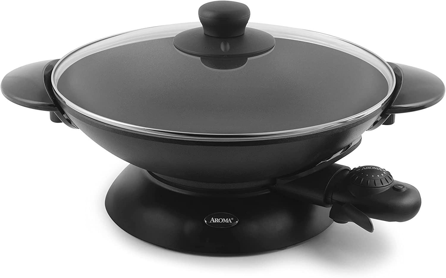 Aroma Housewares AEW-306 Electric Wok with Tempered Glass Lid Easy Clean Nonstick. Cooking Chopsticks. Tempura and Steaming Racks. Professional Model. Black