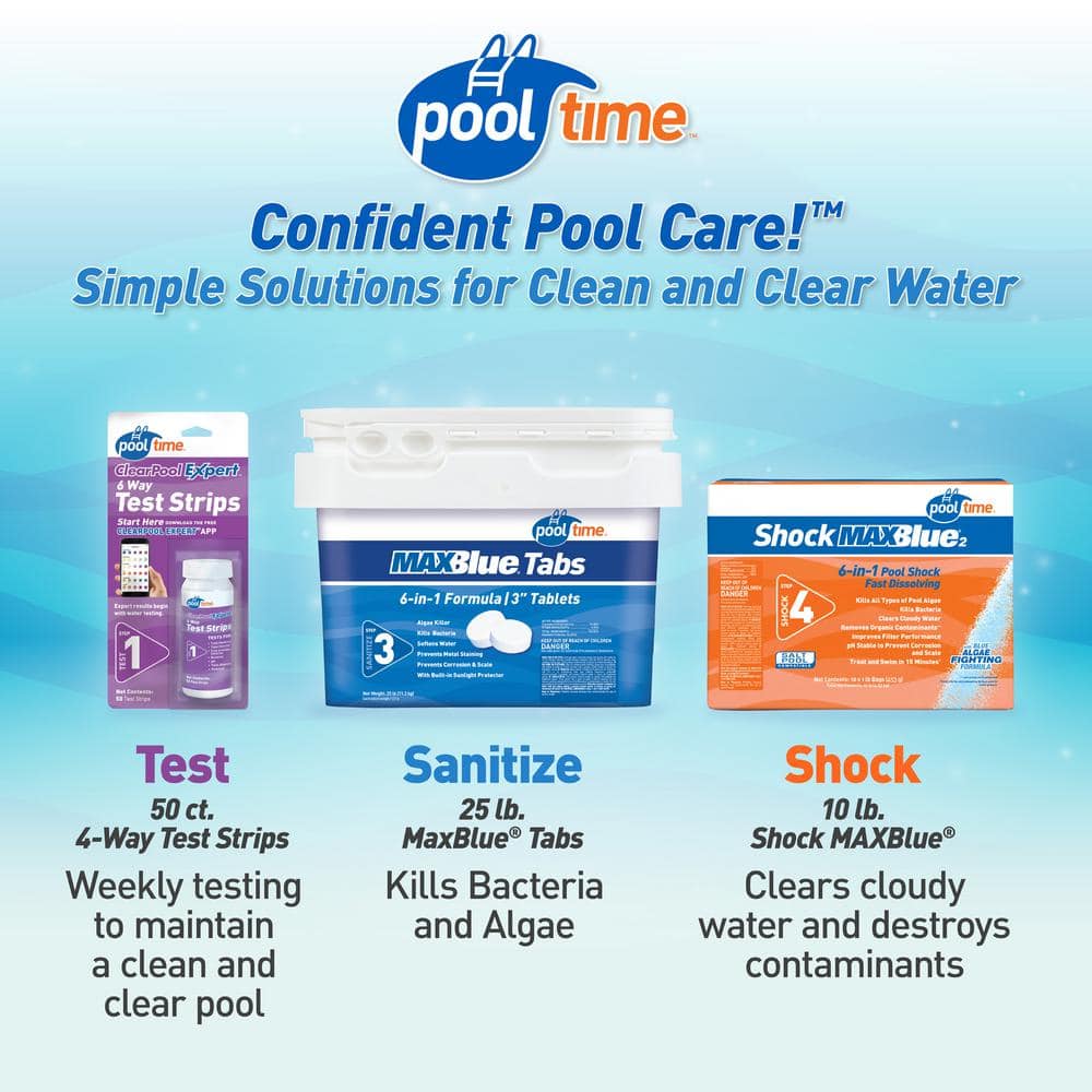 Pool Time 67025PTM 25 lb MAXBlue Tablets Pool Chlorinating with 10 lb. MAXBlue Shock + 50 ct. Test Strips