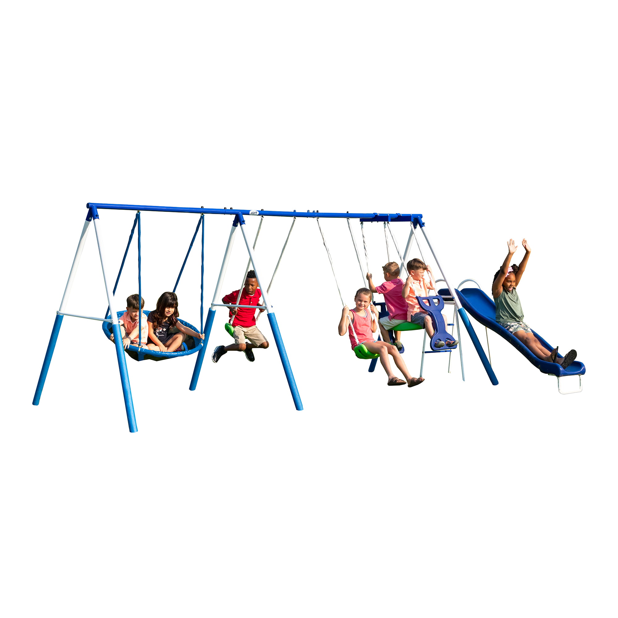XDP Recreation All-Star Playground Metal Swing Set.  Featuring Wave Slide. Space Rider. Swings. and Super Disc™ Swing