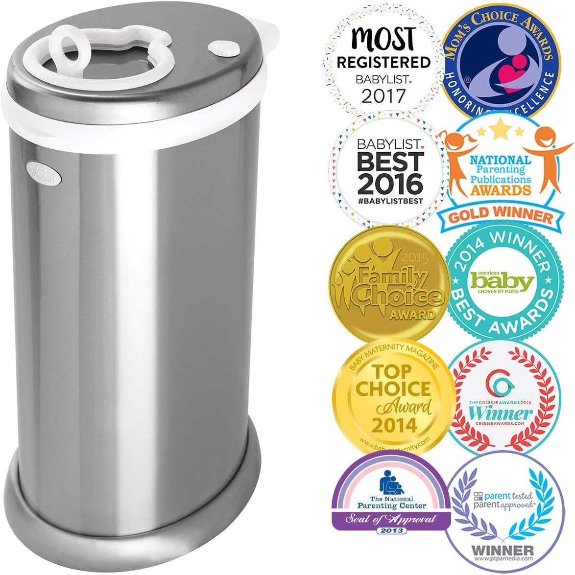 Ubbi Steel Odor Locking. No Special Bag Required. Money Saving. Awards-Winning. Modern Design Registry Must-Have Diaper Pail. Chrome