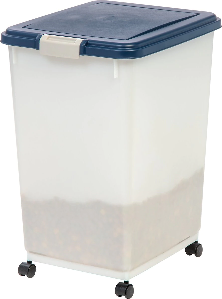 IRIS USA WeatherPro Airtight Dog. Cat. Bird & Other Pet Food Storage Bin Container with Attachable Casters 50 lbs / 69 qt. Navy & Pearl 