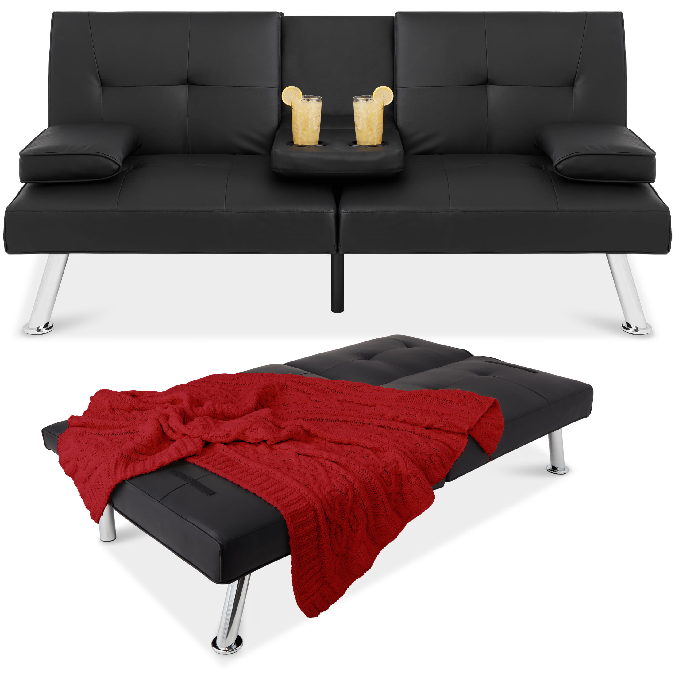 Best Choice Products Modern Faux Leather Convertible Futon Sofa w/ Removable Armrests. Metal Legs. 2 Cupholders - Black
