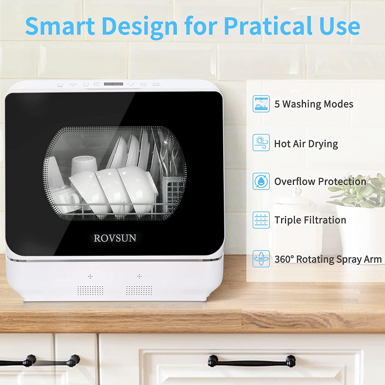 ROVSUN Portable Countertop Dishwasher. Mini Dishwasher with 5 Washing Programs. 5L Built-in Water Tank. 360° Spray Arms. Air-Dry Function & Fruit Cleaning for Apartments. Dorms and RVs