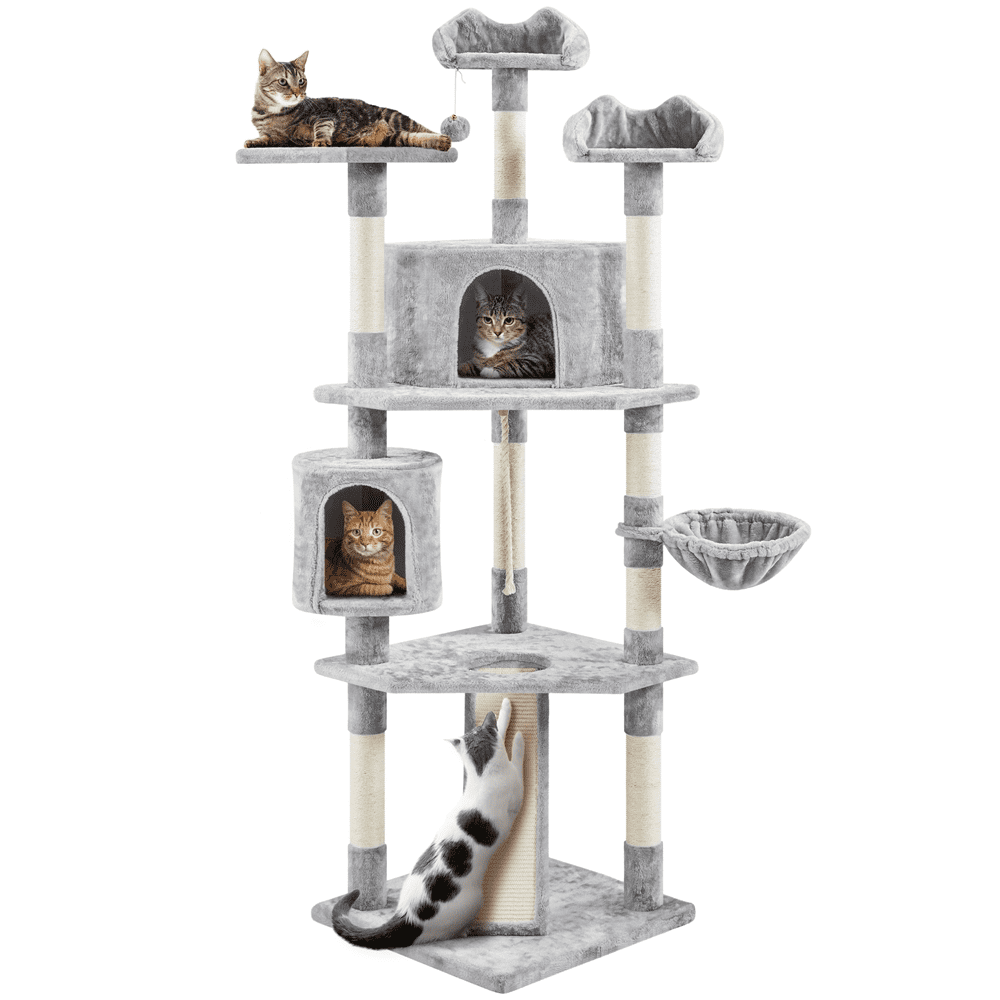 Easyfashion 79in Multilevel Cat Tree Condo with Scratching Posts & Ladders. Light Gray