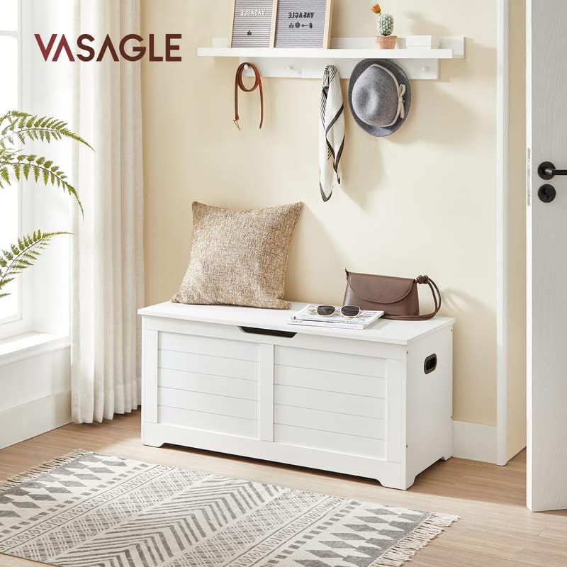 VASAGLE Storage Chest. Storage Trunk with 2 Safety Hinges. Storage Bench. Shoe Bench. Modern Style. 15.7 x 39.4 x 18.1 Inches. for Entryway. Bedroom. Living Room. White ULSB061T10