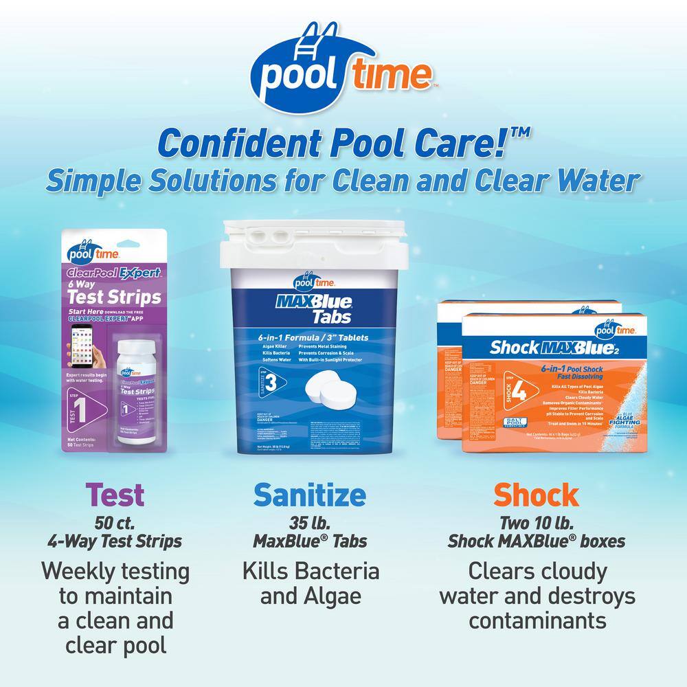 Pool Time 67035PTM 35 lb MAXBlue Tablets Pool Chlorinating with Two 10 lb. MAXBlue Shock + 50 ct. Test Strips