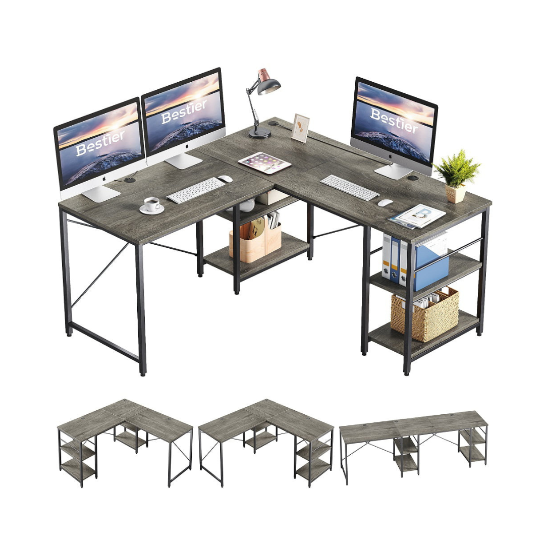 Bestier 95.5 inches L-Shaped Corner Computer Desk with Shelves Long Table in Grey