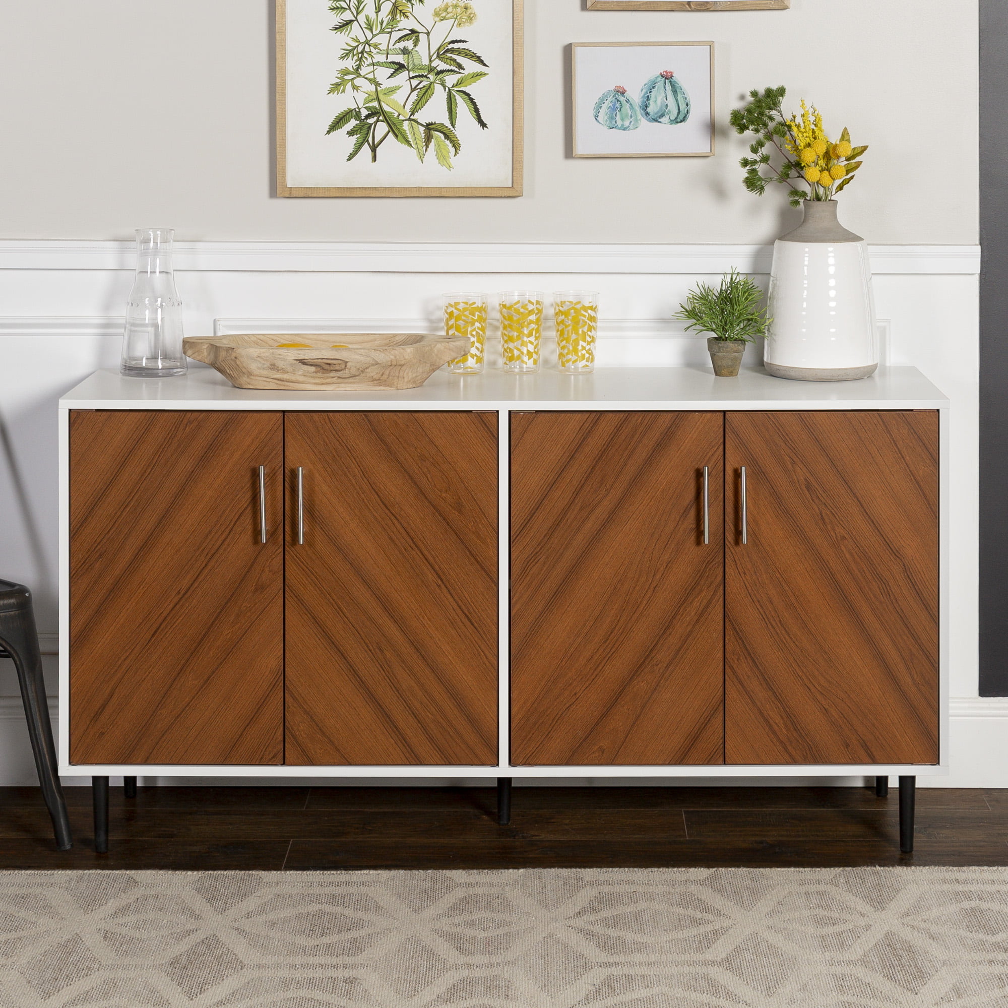 Desert Fields Margot Mid-Century Book Match Dual Cabinet Buffet. White/Teak