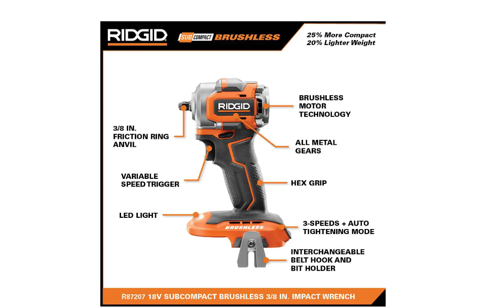 RIDGID R87207B 18V SubCompact Brushless Cordless 3/8 in. Impact Wrench (Tool Only) with Belt Clip