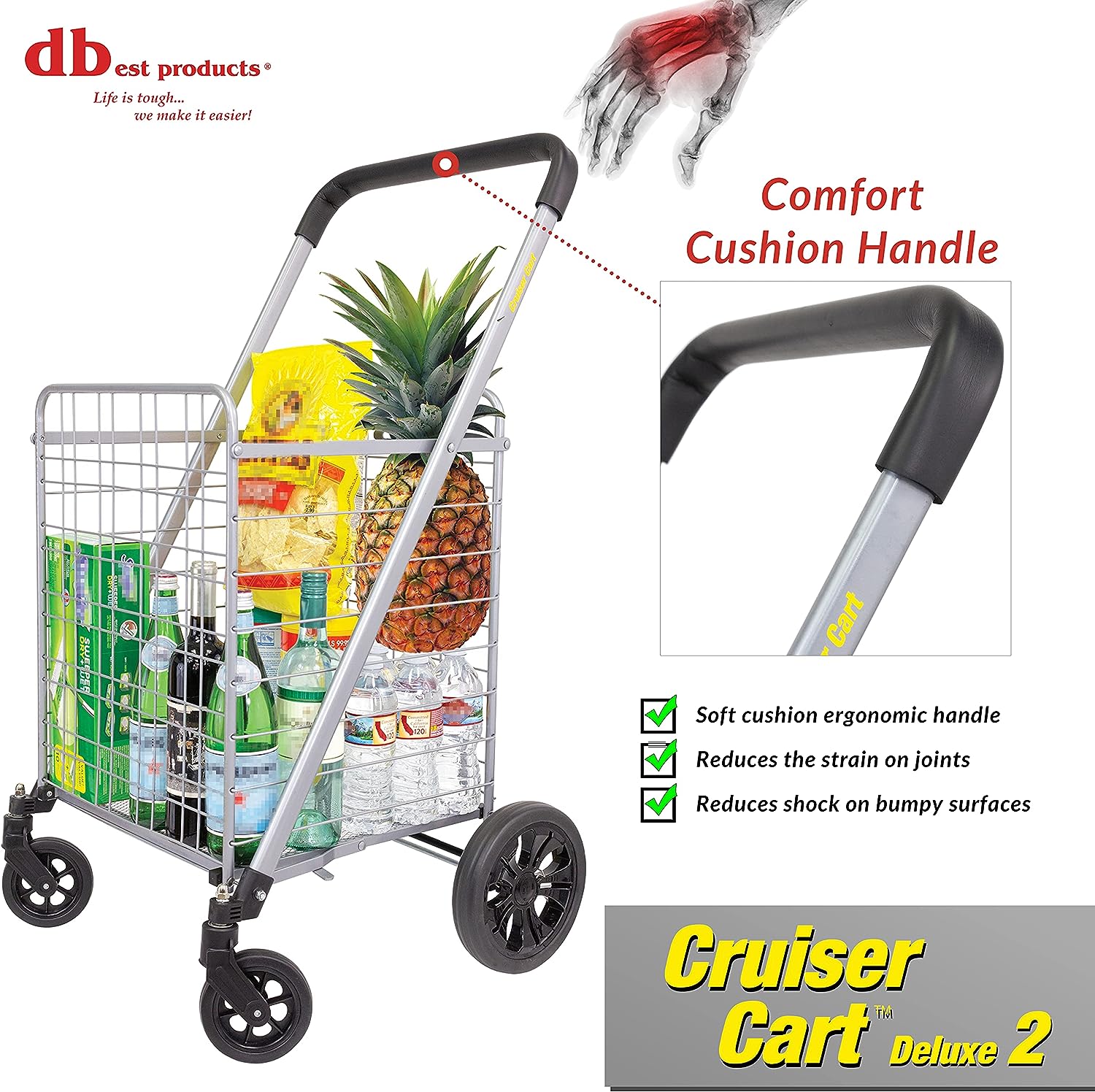 dbest products Cruiser Cart Deluxe 2 Shopping Grocery Rolling Folding Laundry Basket on Wheels Foldable Utility Trolley Compact Lightweight Collapsible. Silver