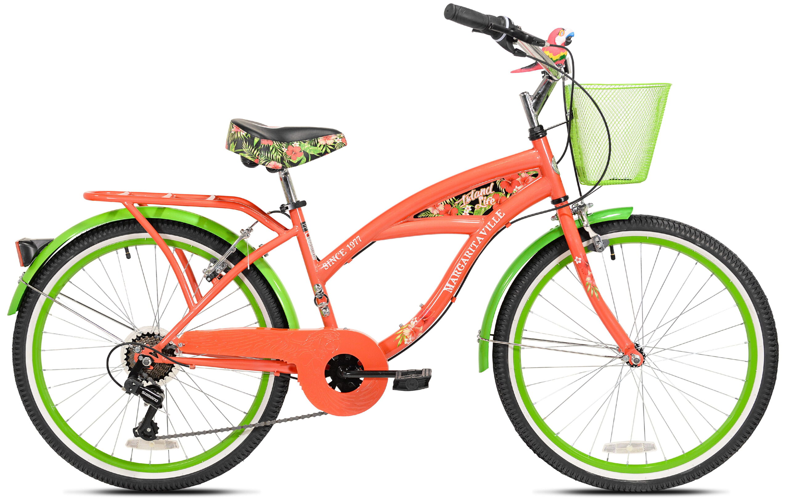 Margaritaville 24″ Island Life Multi Speed Girl-s Bike. Coral/Green